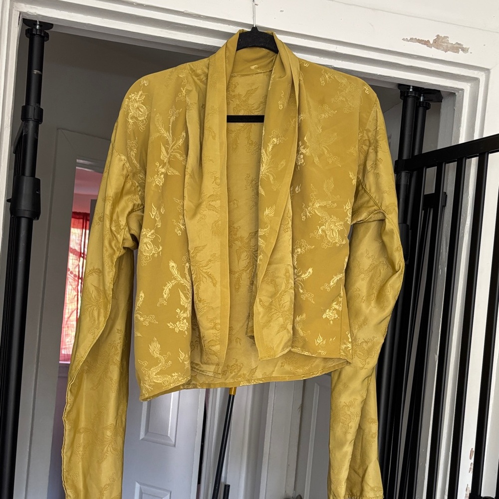 Customed Made Women's Mustard Yellow Jacquard Open-Front Jacket